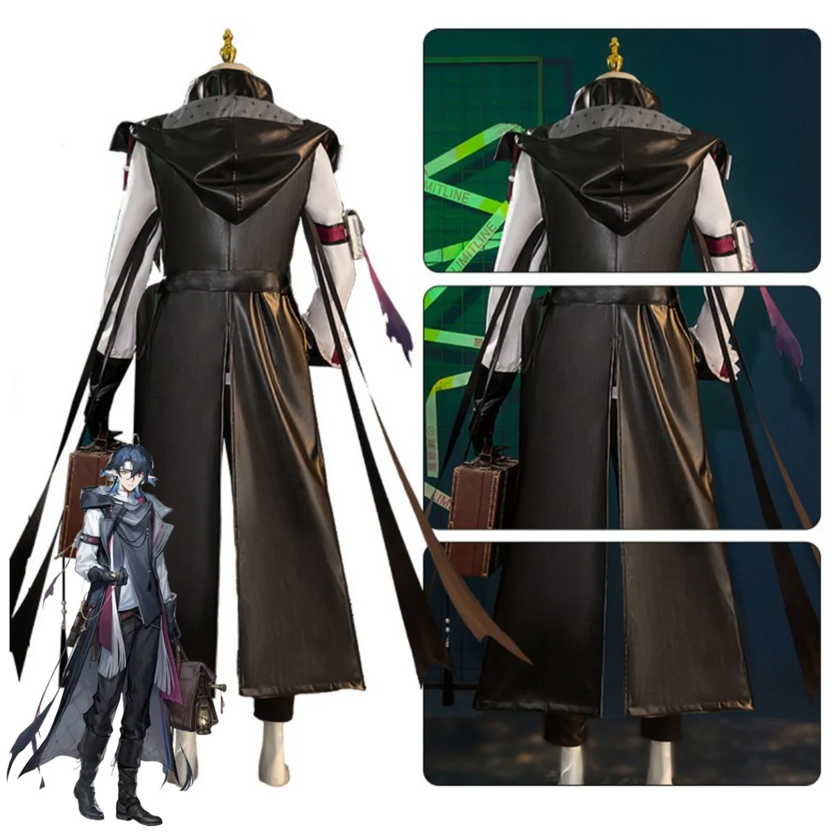 Anime Game Arknights Lumen Tribunal Cosplay Costume Black PU Waistcoat Coat Uniform Full Set Wig Man Halloween Carnival Suit view 5