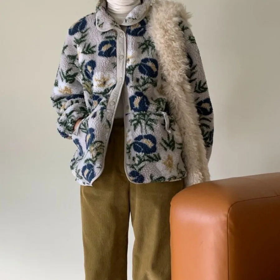 

Chic Lamb Fur Jaet Women's Floral Design Winter Coat Vintage Sli Cotton Clothes Korean Sle Spring Autumn Winter