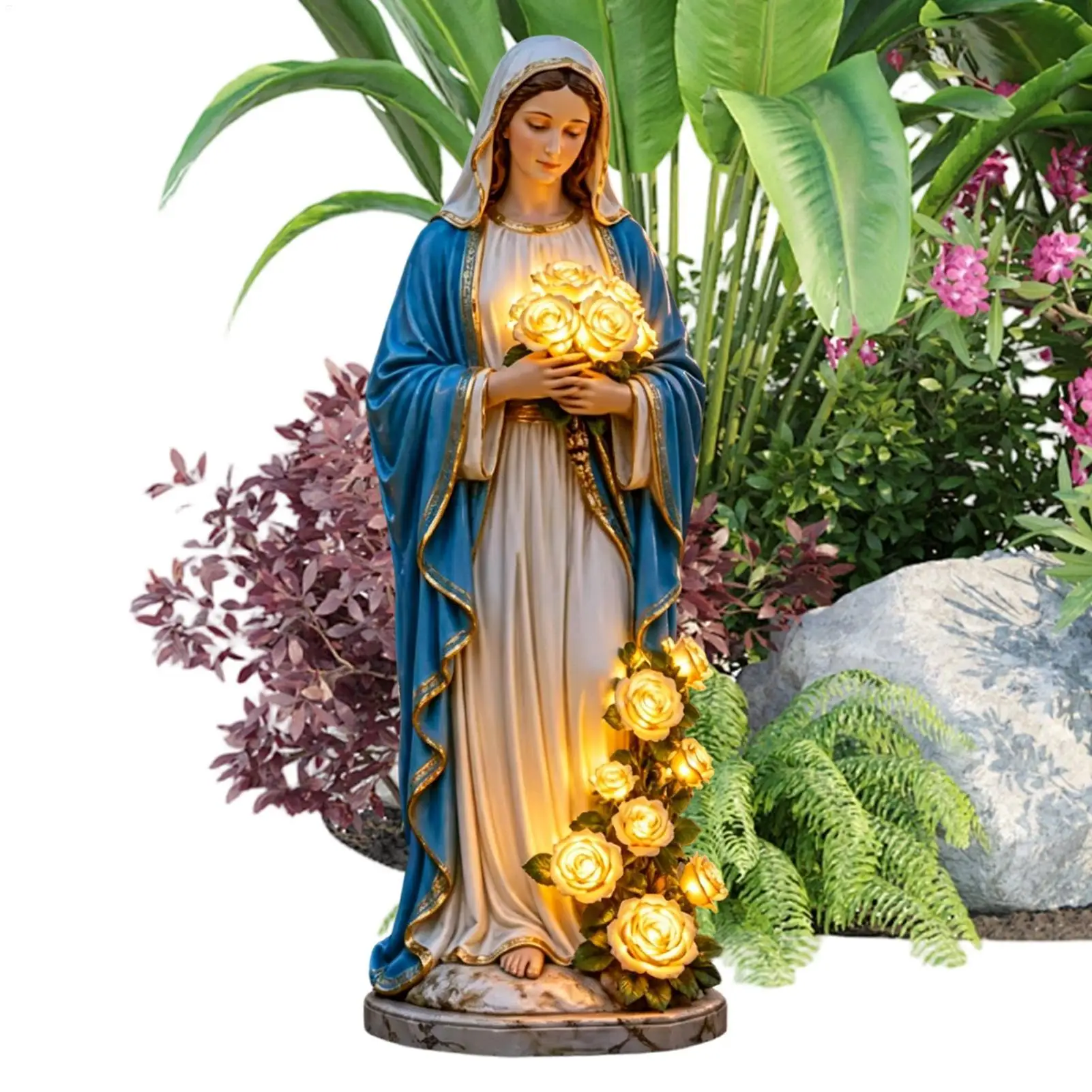 Mary Lady Garden Light Solar Resin Waterproof Decorative Lights Mary Statue Flowers Goddess Statue with LED Luminous Rose view 2