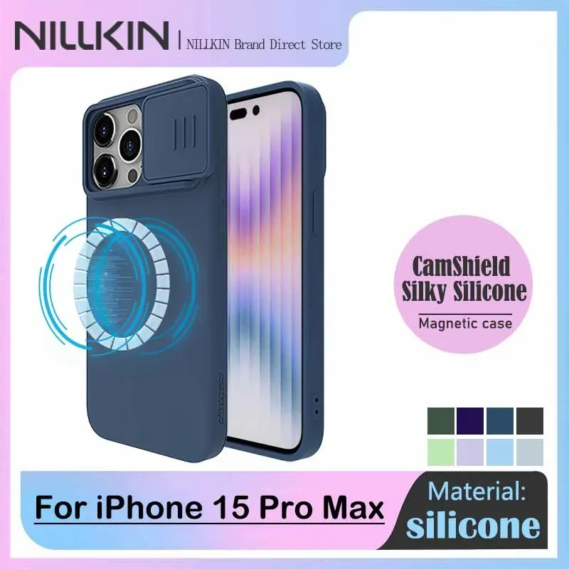 

NILLKIN Magnetic Case for iPhone 15 Pro Max, CamShield Silky Liquid Silicone, Slide Camera Protection Cover, MagSafe, Plain