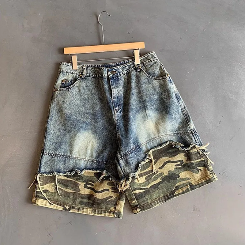 

Летние камуфляжные джинсовые шорты с контрастными вставками в американском стиле, свободные мужские джинсовые брюки до колен в стиле ретро