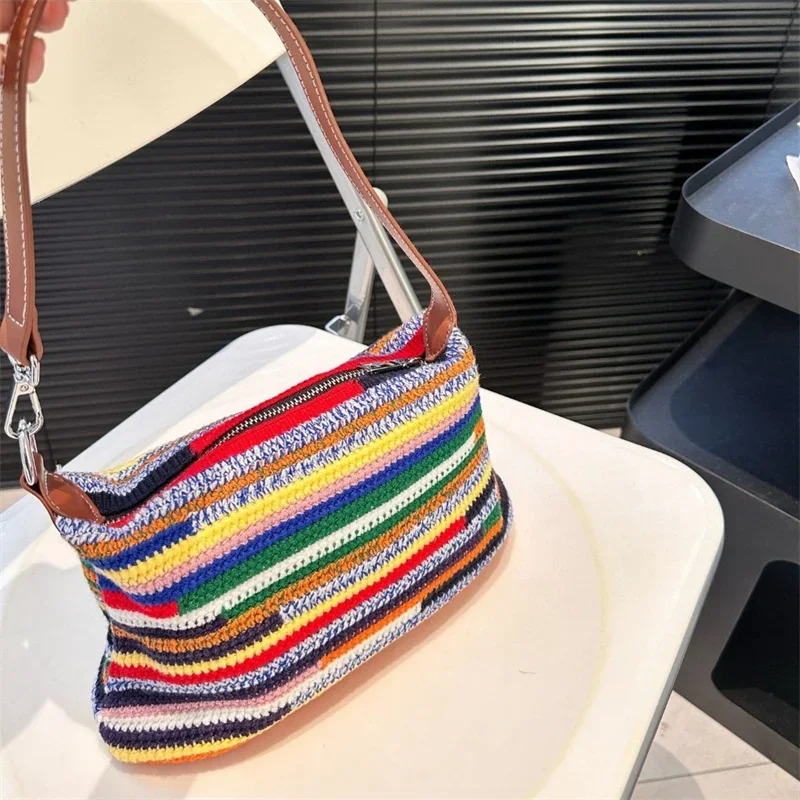 Rainbow Colour Beach Bag Women Nk219473 Hand Bags Handbags Design Ladies Outdoor Wear Stripe Rainbow Colour Knit Handmade 2024