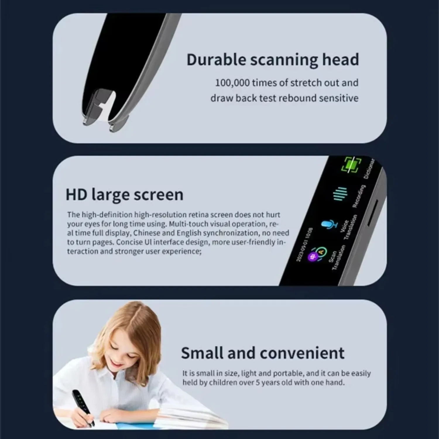 جهاز ترجمة اللغة الصوتية ، قلم ترجمة بالمسح الضوئي A26 ، قارئ الاختبار ، شاشة تعمل باللمس ، واي فاي ، اتصال نقطة اتصال ، وظيفة دون اتصال بالإنترنت