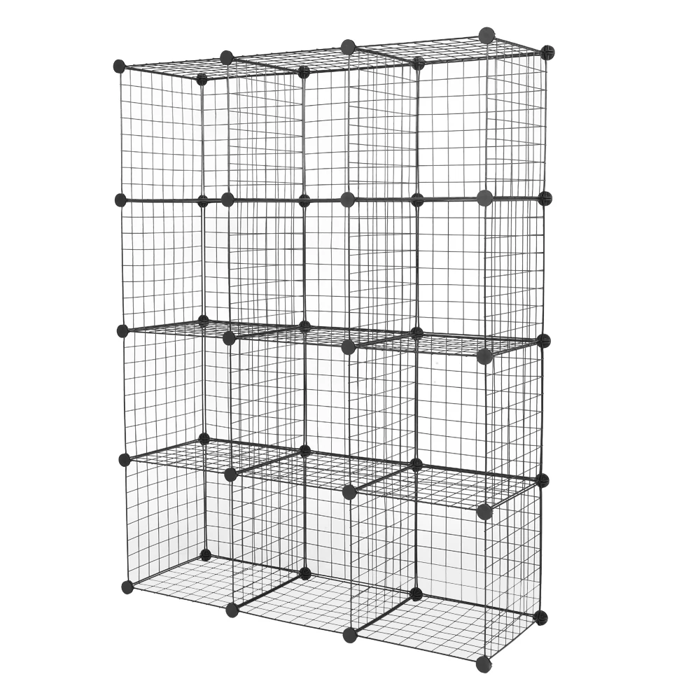 12-Cube Organizer: Modular Wire Shelves, Origami Design, Metal Grid, Multifunction Cubbies for Storage & Display, Bookcase.