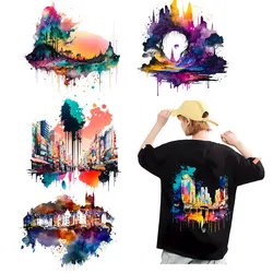 Colorful Ink Painting Castle Urban Landscape Heat Transfer On Clothes Iron On Patch For Hoodies Diy boy decoration