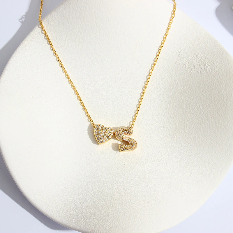 Dainty Initial Letters with Heart Necklaces for Women 18K Gold Plated Zircon Micro Inlaid Capital Letter Chain Name Jewelry Gift image 3