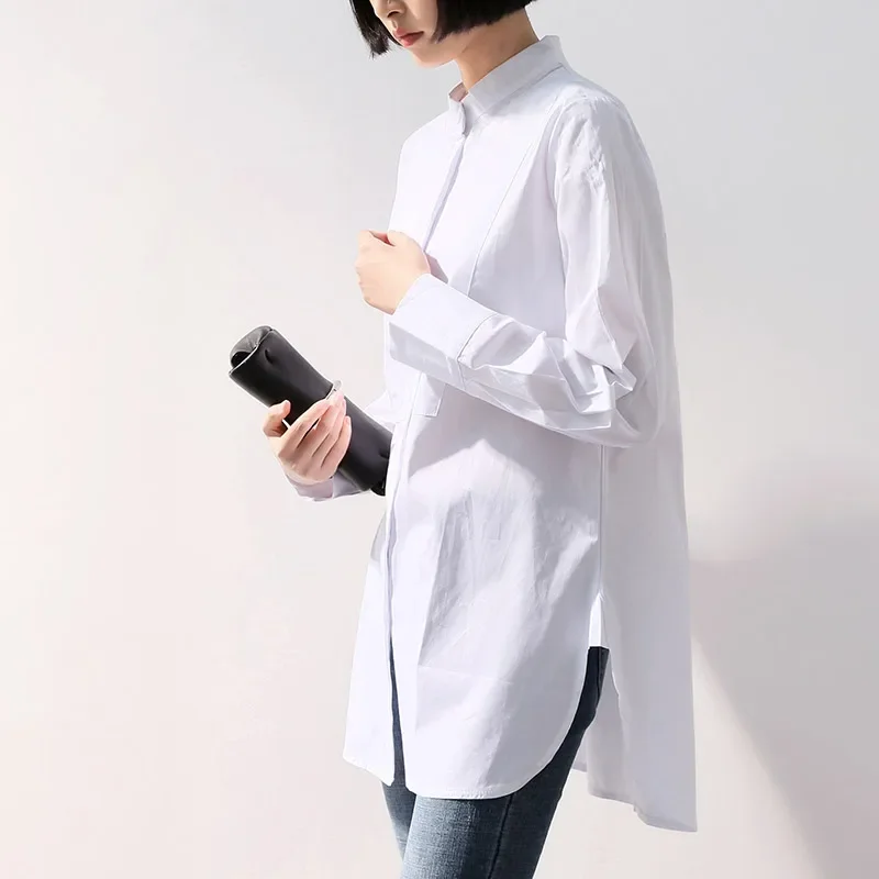 Women Shirt Stand Collar White Tops For Female Spring New In Curve Hem Patchwork Long Sleeve Stand Collar Large Plus Size Blouse