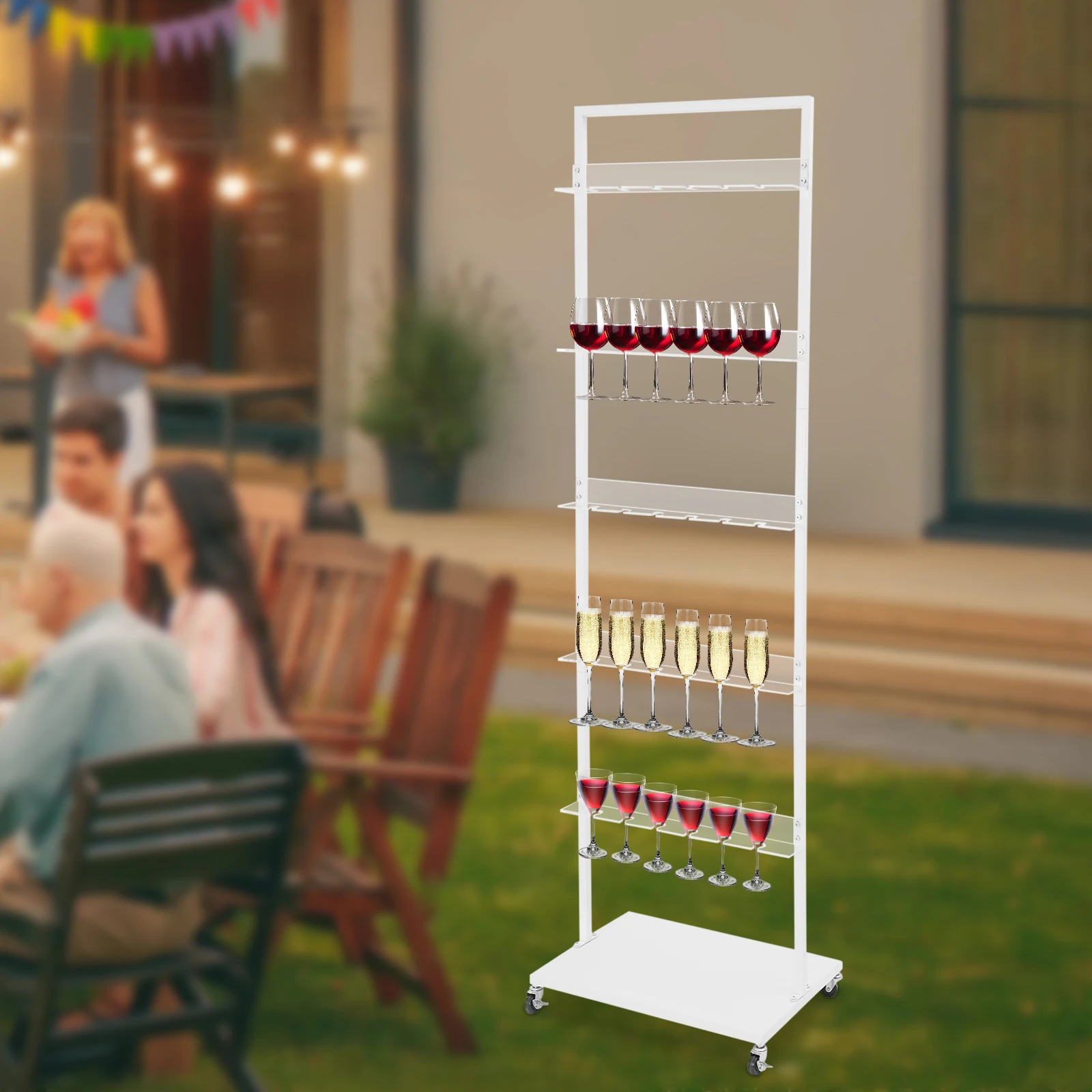 

5-Tier Acrylic Champagne Tower, 30-Cup Stemware Display Rack with Wheels, White Champagne Glass Organizer, Bar Storage Shelf