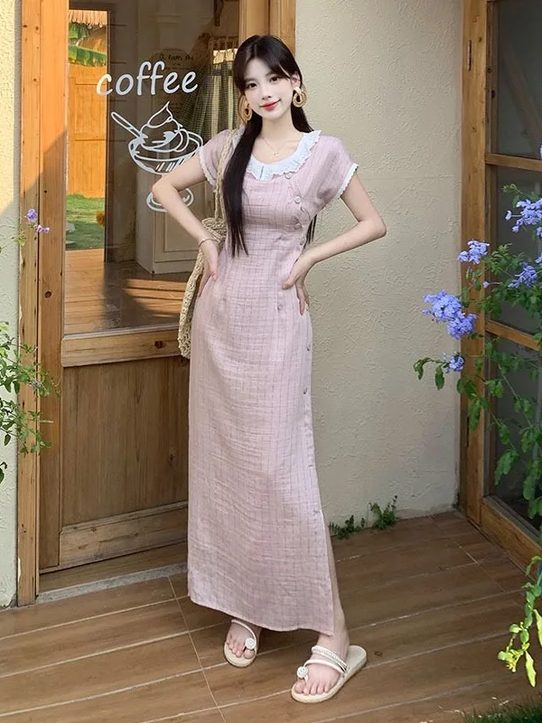 

Женское платье-ципао больших размеров с коротким рукавом и цветочным воротником, летнее, новое, с высокой талией, с разрезом, облегающее, длинное, в корейском стиле