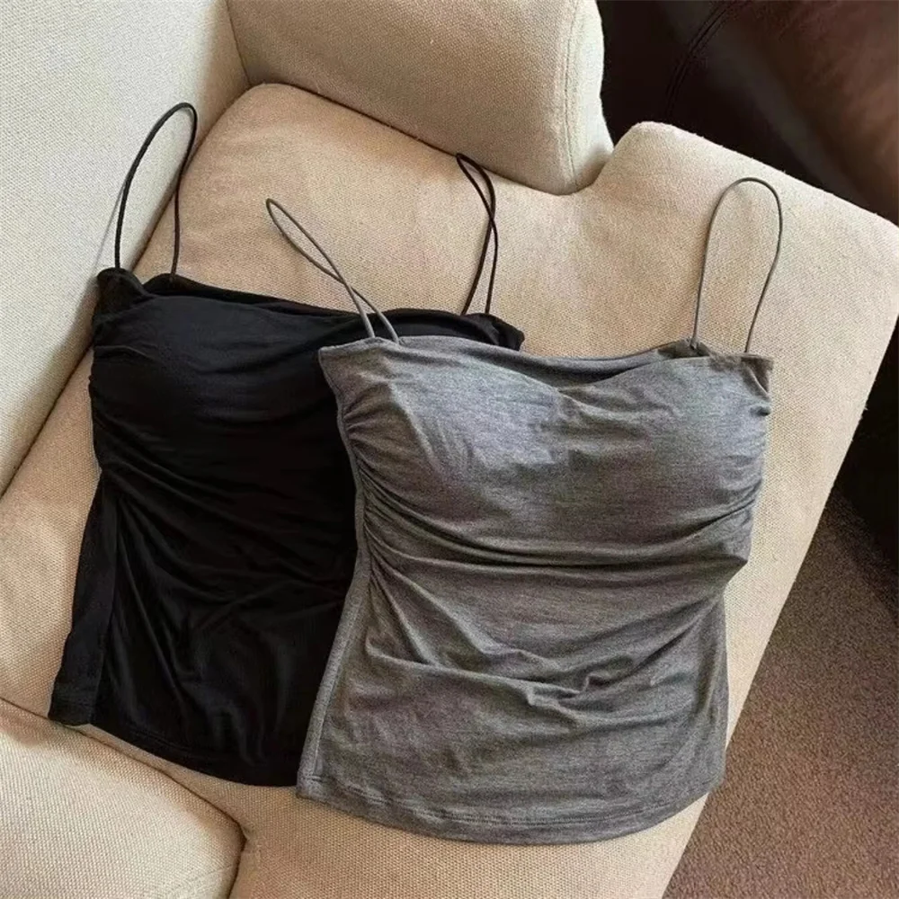 Ruched Spaghetti Strap Camisole with Built-in Bra 4 Colors Sleeveless Crop Top for Women Summer Wear Curved Hem Bodycon Fit