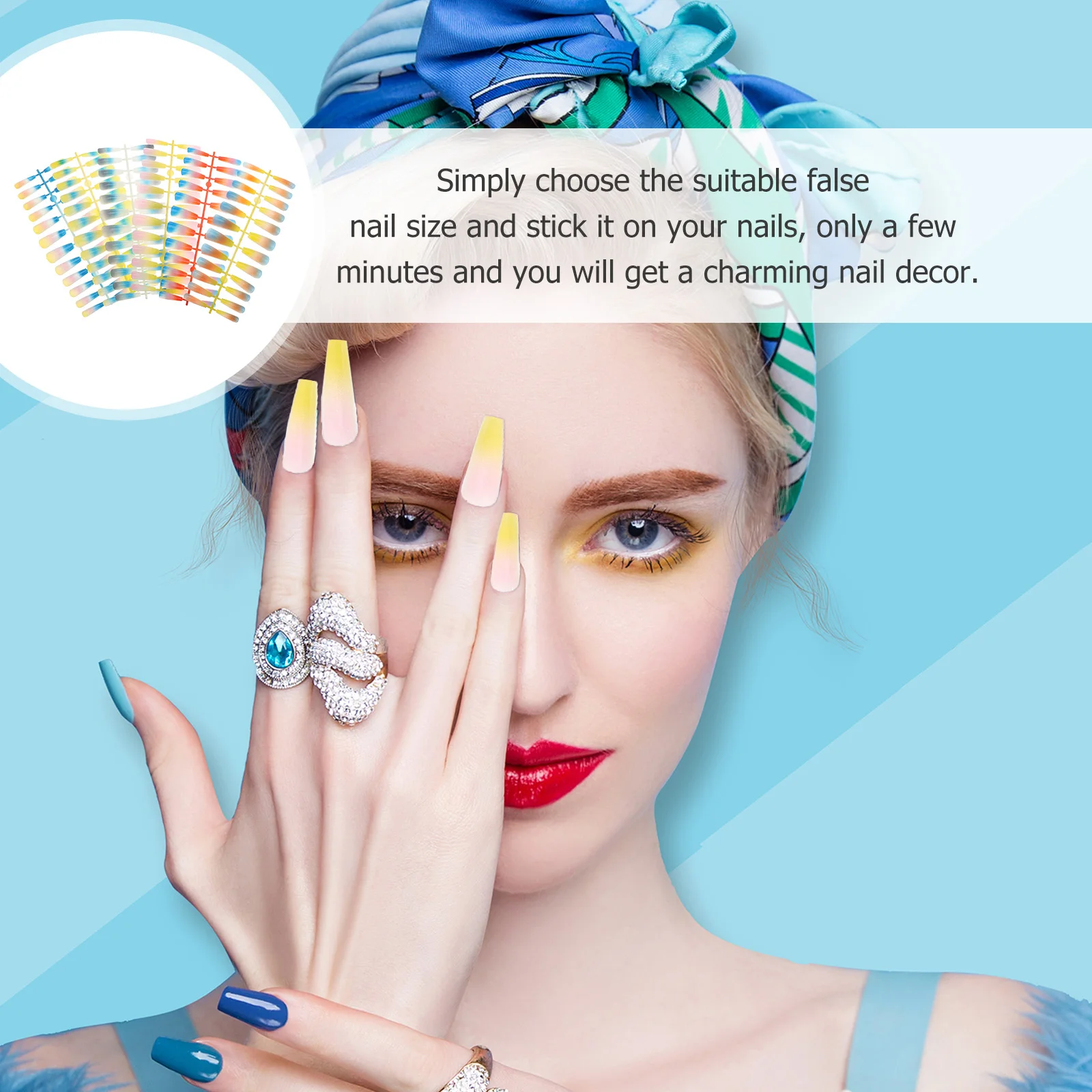 

144Pcs Rainbow Gradient Fake Nails Press on Artificial Nail Tips Super Long Coffin Design DIY Manicure Kit for Parties Luxury