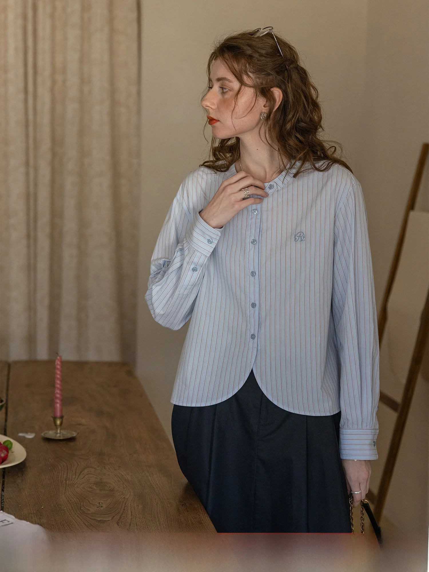 

Commuter Feel Embroidered Cotton irt Women's Straight Cut Long Sve round Ne Tie Design Waed Satin Texture Spring Mor...