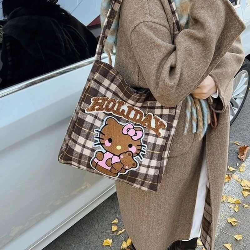 

Cartoon Cat embroidered canvas bag New cute cartoon shoulder tote bag Retro-style plaid Women's tote bag Fashion Women's handbag