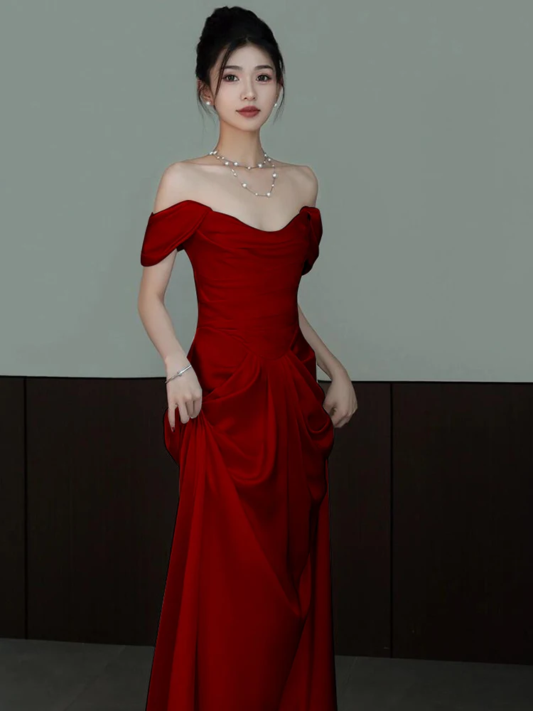 

Red Wedding Dr One oulder Fi Tail Engagement Par Banquet Gown New 2026 Ele Bridal Drinking Ceremony Dr