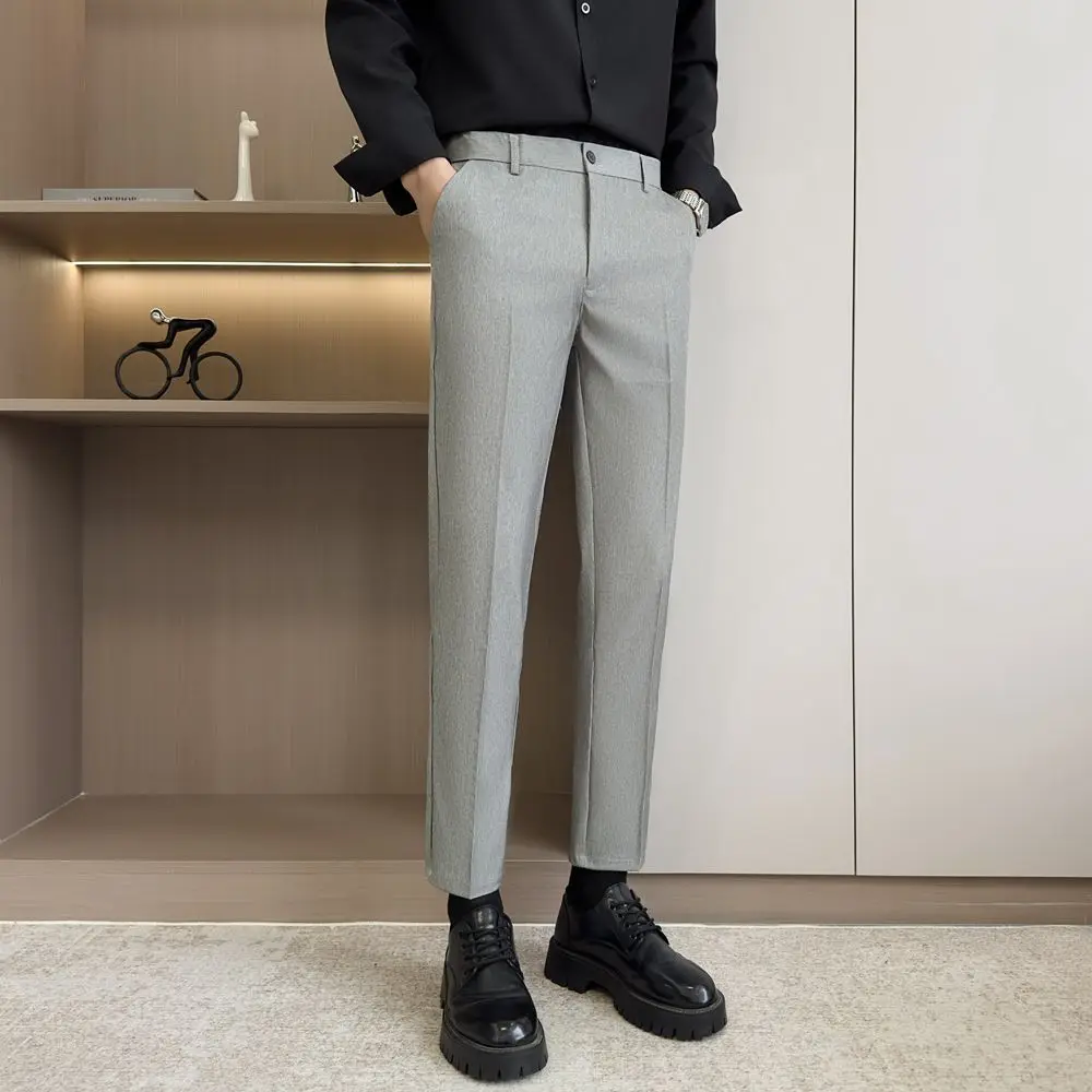 

Новые летние мужские повседневные брюки Slim Fit без глажки, модные, укороченные, свободного кроя, с эластичным поясом, из полиэстера, для делового повседневного стиля