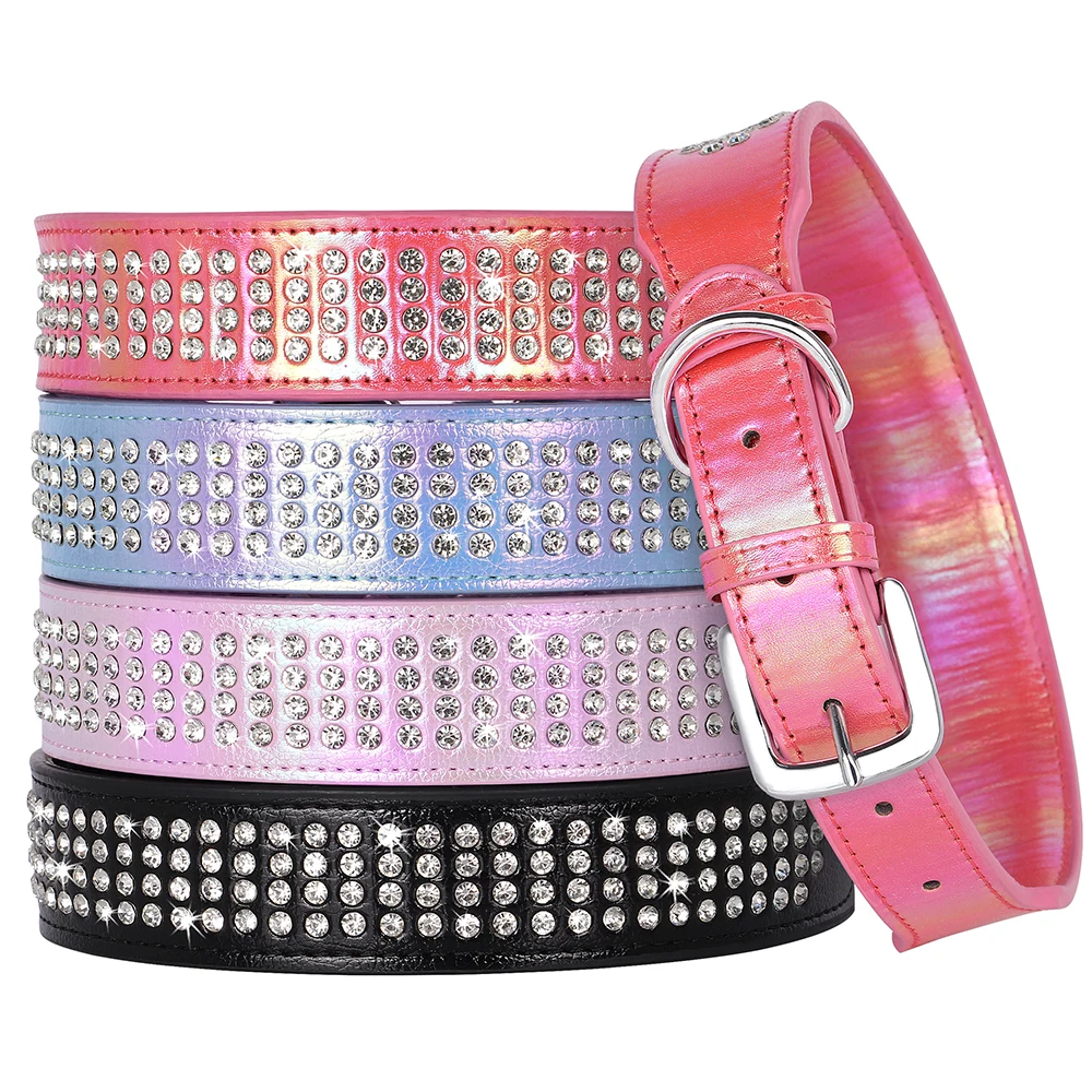 Bling Rhinestone Dog Collar PU Leather Dogs Collars Necklace Glitter Diamond Pet Necklaces Collars For Medium Large Dogs Pug