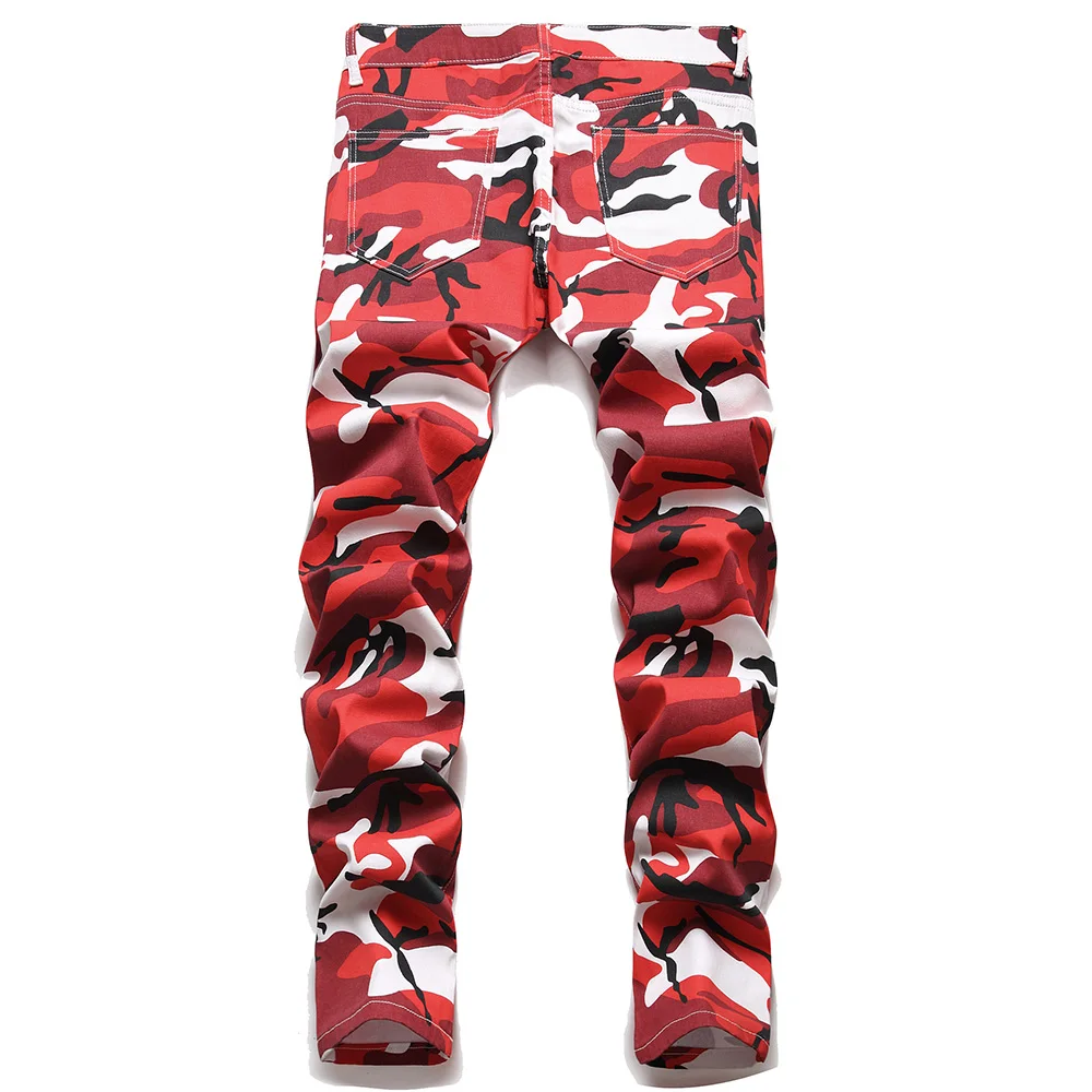 Men Red Camouflage Print Jeans Casual Slim Straight Pants Contrast Color Streetwear Trousers