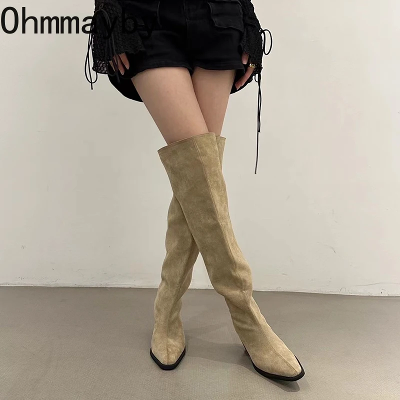 Winter Women Pleated Western Knee High Boots Fashion Slip On Shoes Thick Heel Laides Concise Long Botas De Mujer