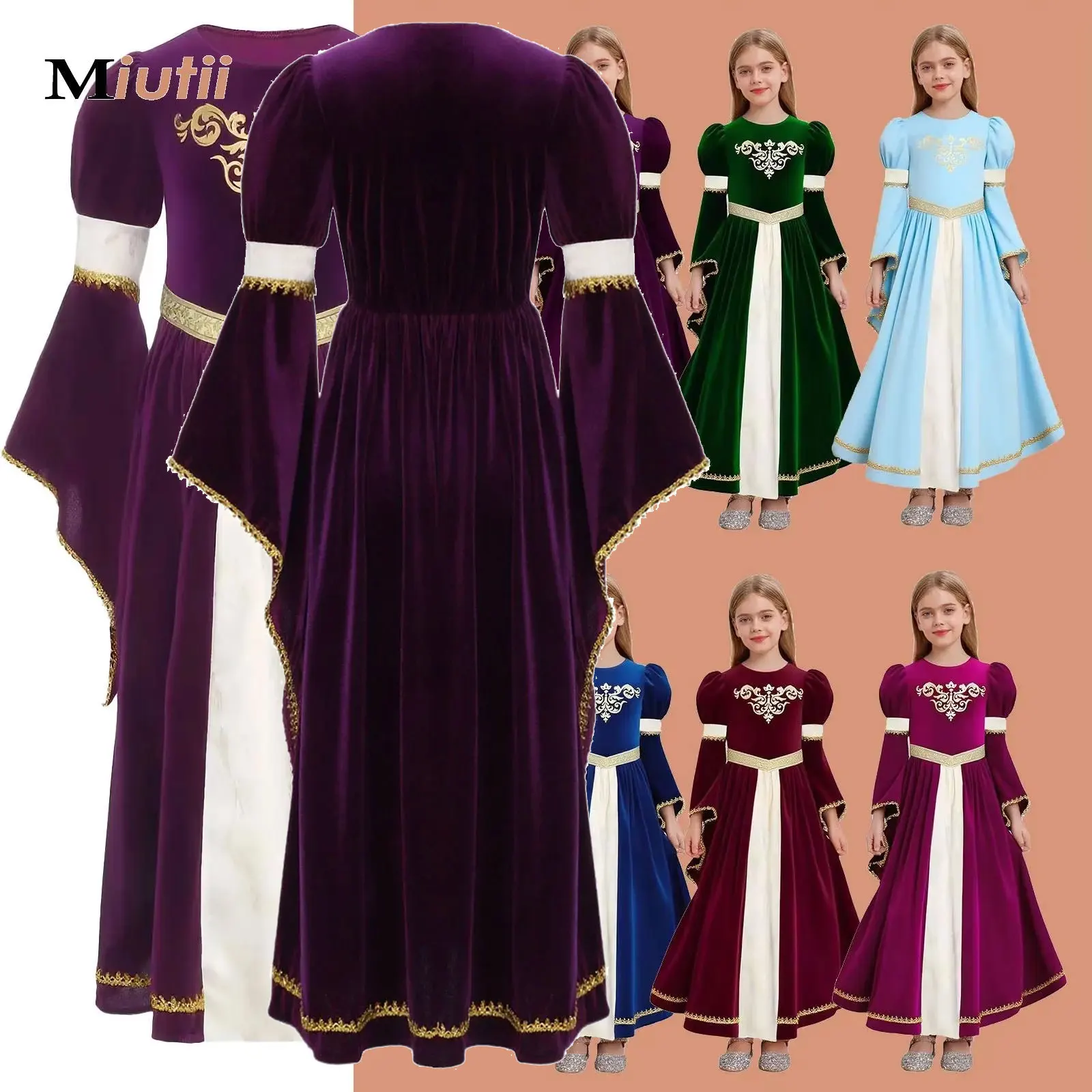 

Kids Girls Medieval Princess Dress Vintage Renaissance Royalty Princess Dress Gown for Halloween Carnival Party Stage Costumes