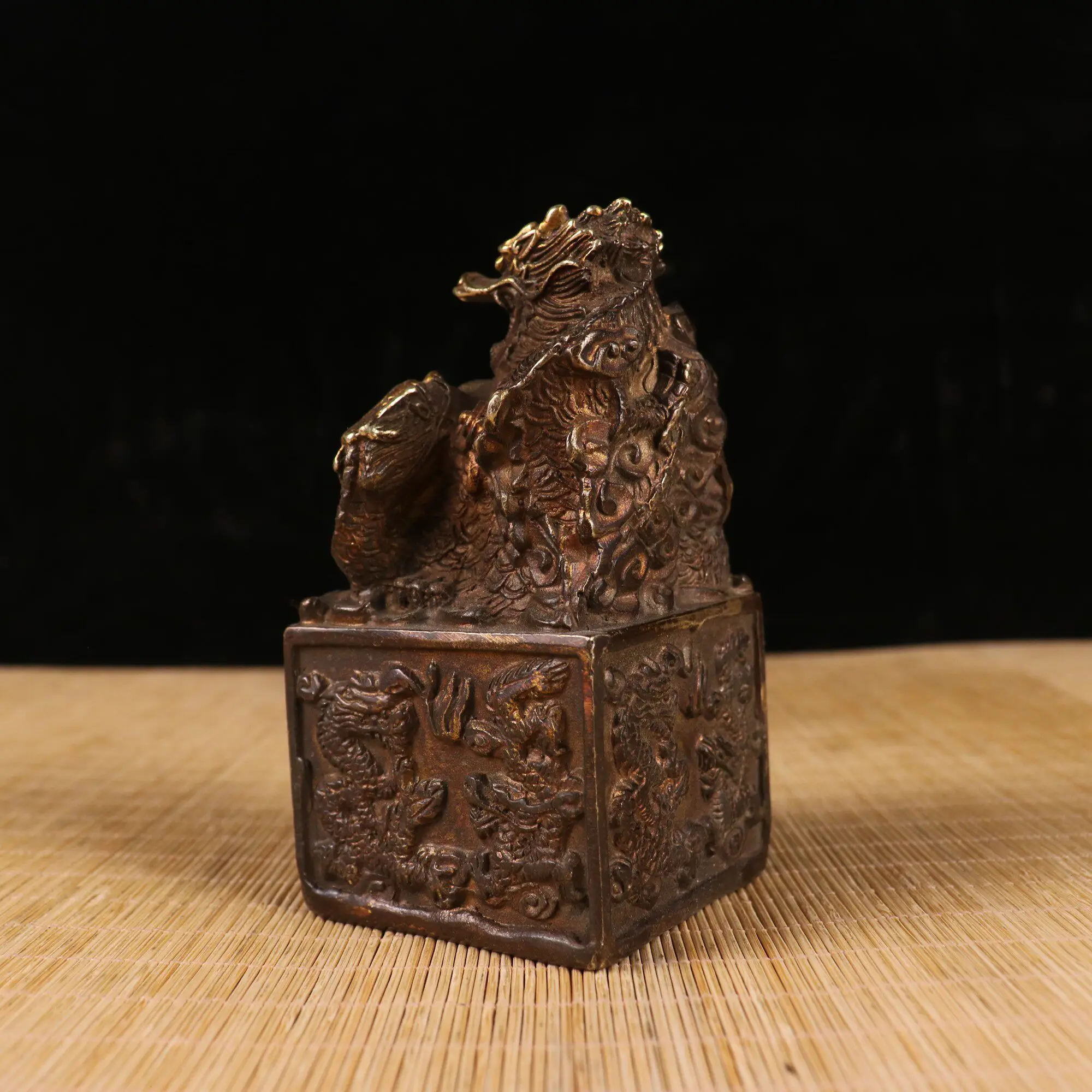 Large Nine Dragon Gold Seal Brass Ornament Feng Shui Decor For Study Room Office Desktop