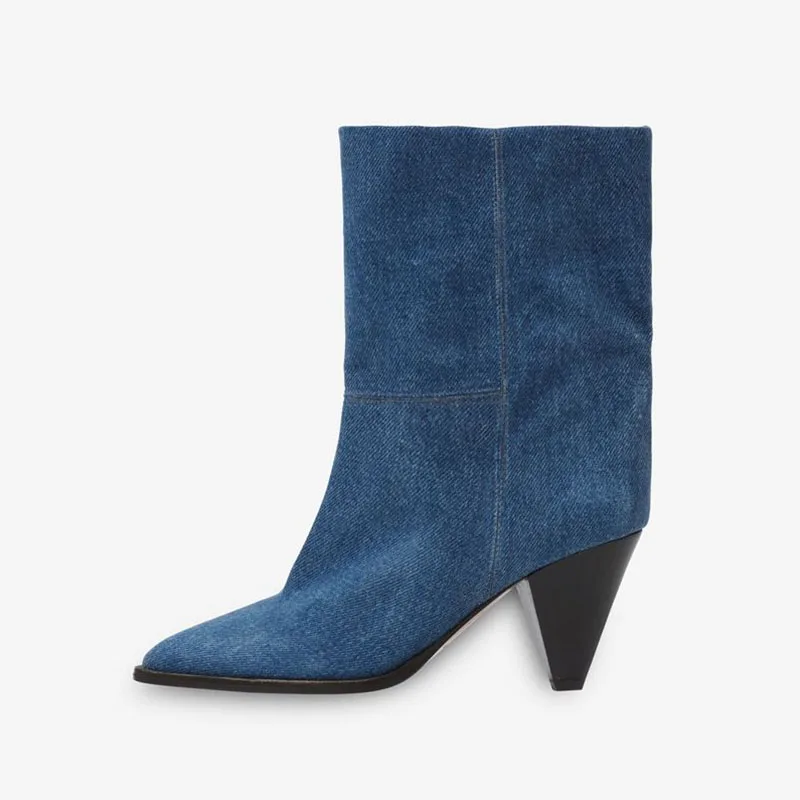 

Arden Furtado 2024 Simple style Pointed toe Tapered heel Slip-on Denim Short boots High-heel Modern boots Extra large size