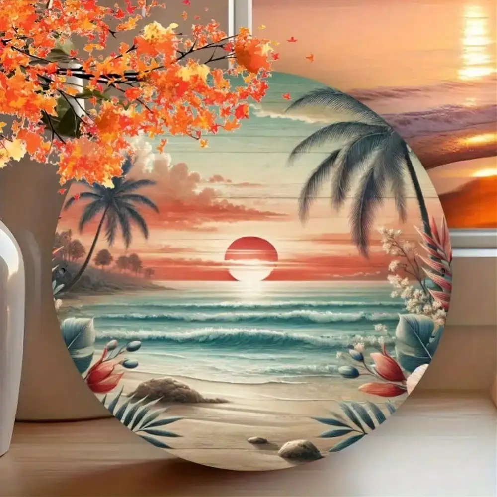 2D Flat High Definition Metal Wall Art Tropical Beach Sunset with Palm Trees and Orange Blossoms Serene Ocean Waves Coastal Isla