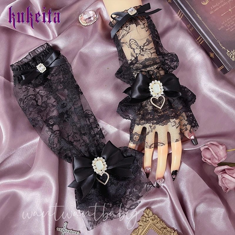 Y2k Aesthetic Gothic Lace Gloves Japanese Lolita Kawaii Bow Mesh Length Sleeves Fingerless Punk Gloves Cosplay Party Accessory