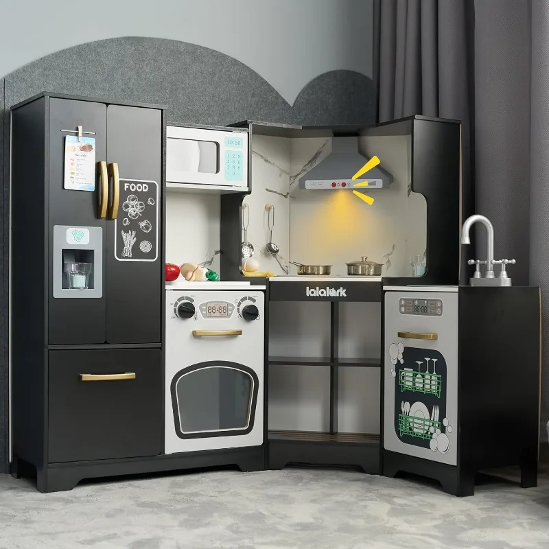 Joyfy Peuters Houten Hoekkeuken Doe alsof Speelset met Nep Voedsel Speelgoed Echte Lichten Geluiden Speelkeukenset voor kinderen