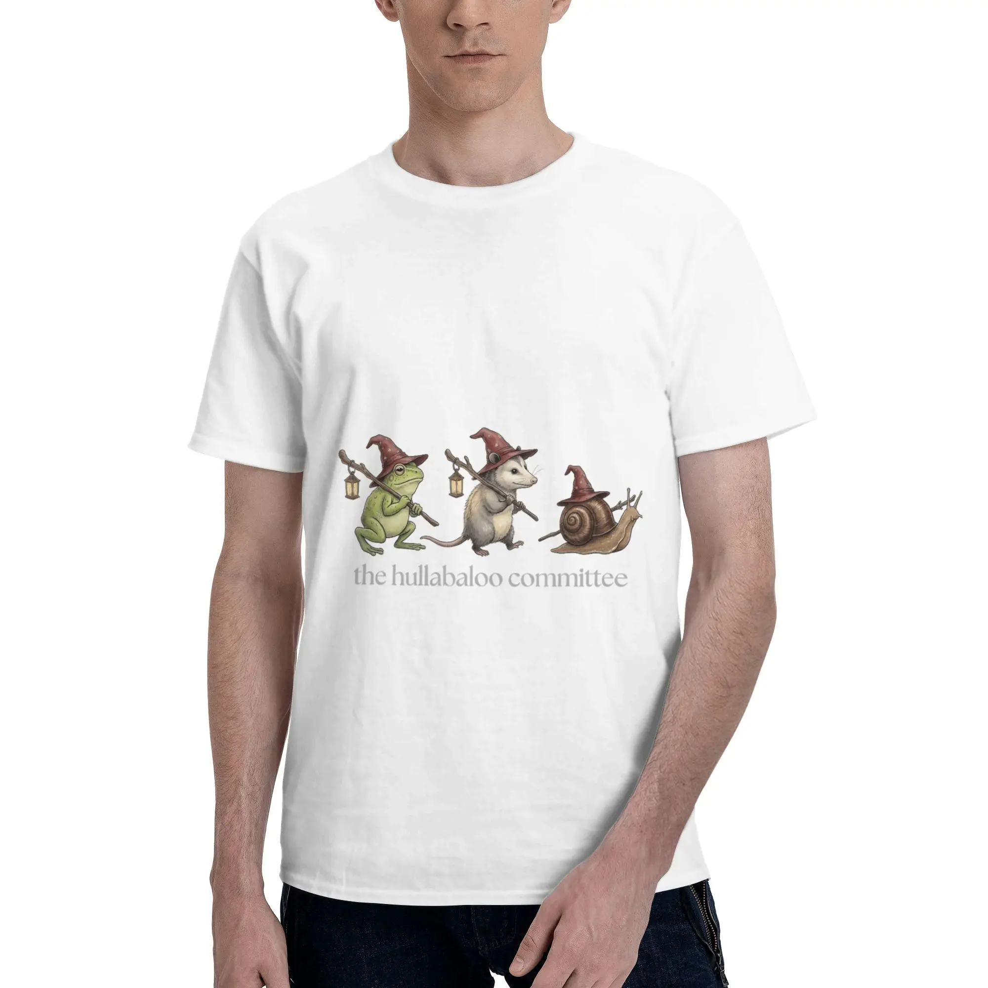 The Hullabaloo Committee Funny Frog Opossum Snail Meme Men's T-Shirt Clothes  Humorous Tees Short Sleeve fugees 100% Cotton