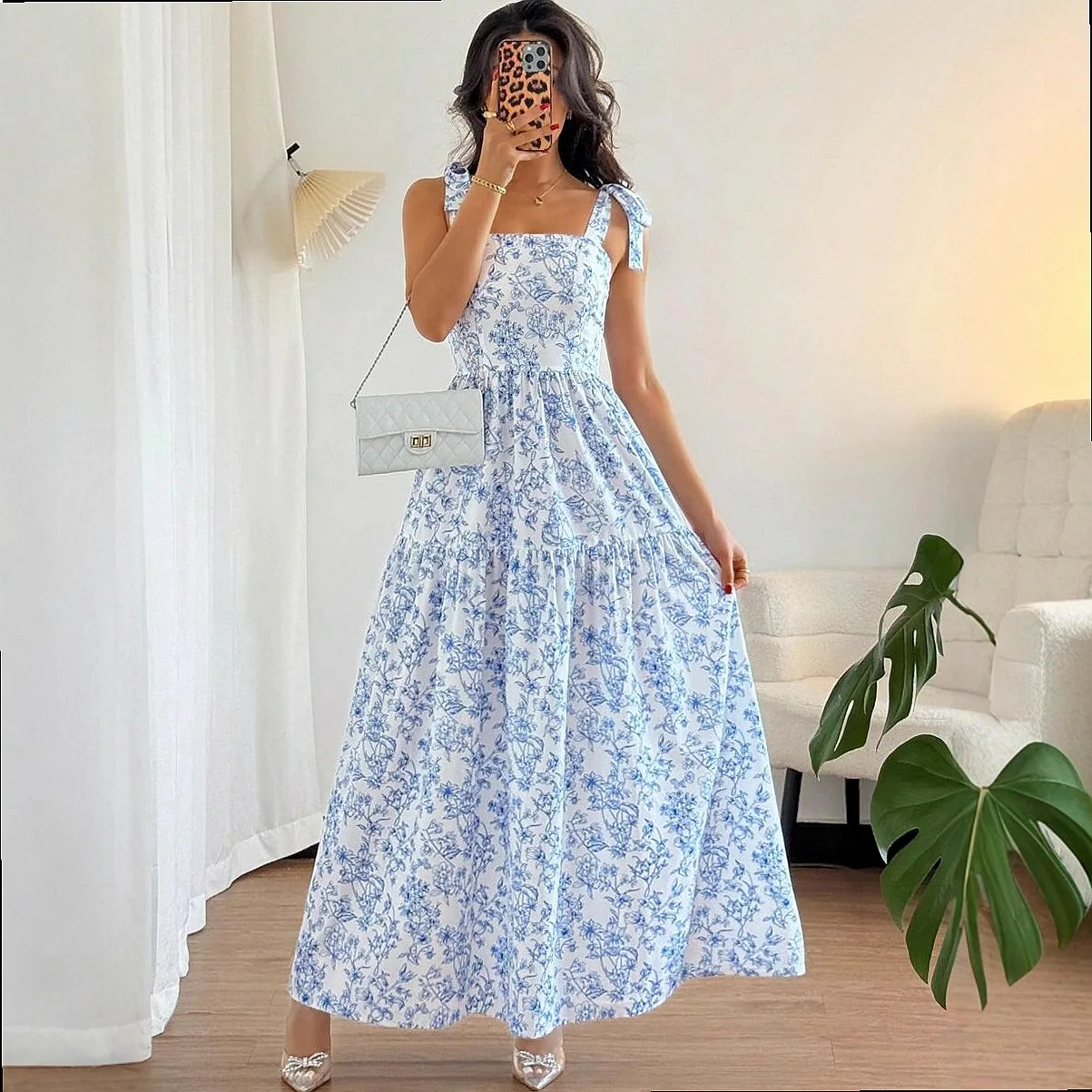 Blue White Floral Print Smocked Long Dress Summer Dresses Beach Maxi Dresses