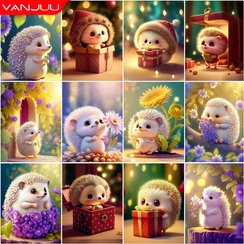 

Алмазная 5D картина «сделай сам», милый ежик, цветок, Полный Круглый бриллиантовый Набор для вышивки, украшение для дома