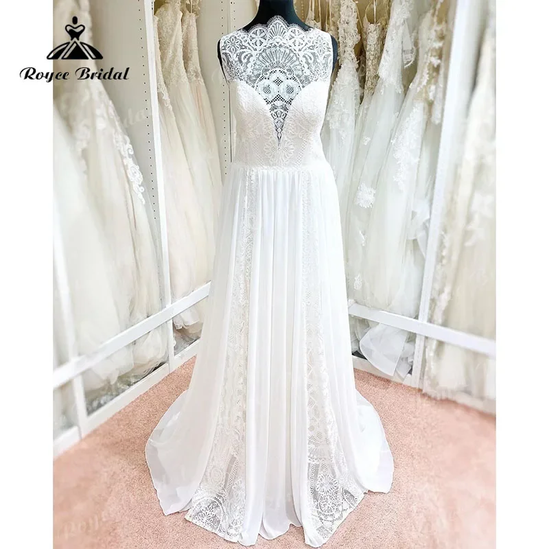 2021 Robe Mariage A Line Scalloped Neck Wedding Dress Lace Chiffon Sleeveless Illusion Bohemian Bridal Gowns robe soirée mariage