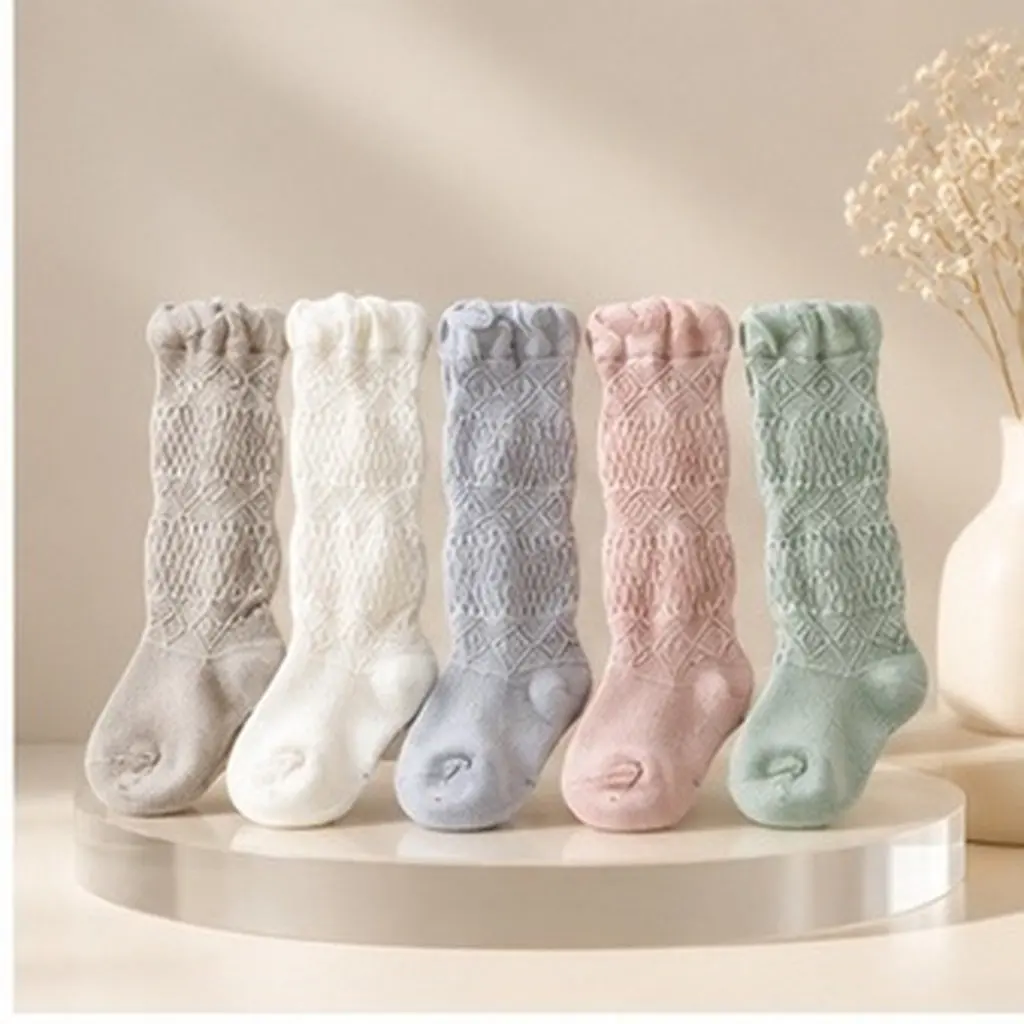 5Pair Baby Knee-High Stockings Soft Cotton Socks Comfortable Breathable Long Socks for Toddlers Kids Size S 0-1 Years White Pink