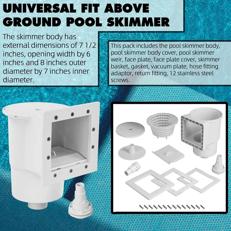 Kit di parti per skimmer per piscina fuori terra, vestibilità universale, larghezza di apertura 6 pollici, adatto a tutti i ritagli di pareti standard per piscina