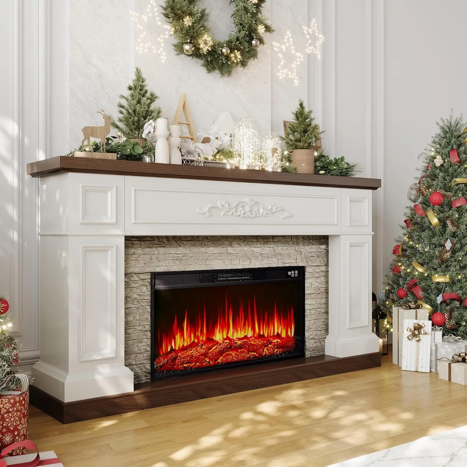 

60" White Wood Fireplace TV Stand Entertainment Center 30" Replaceable Insert Heater Living Room Bedroom, Customized