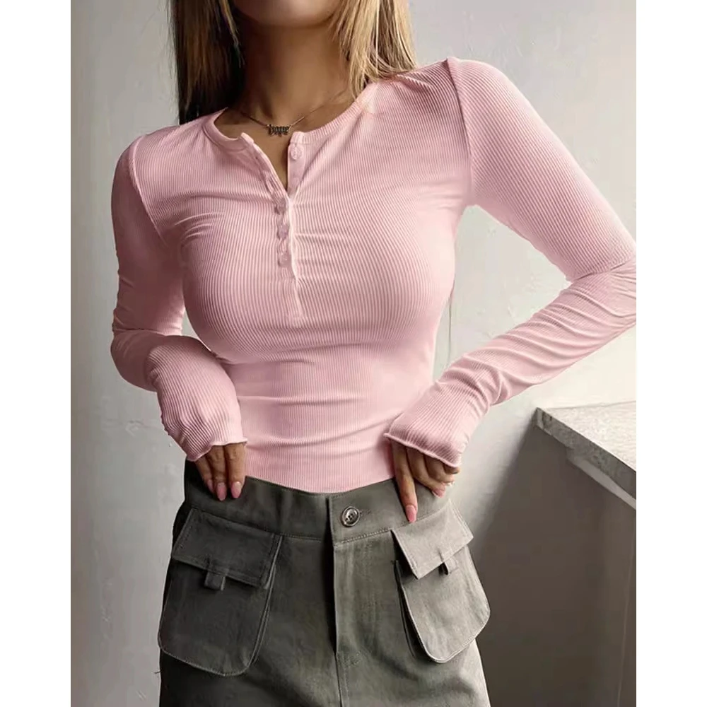 

Women Round Neck Long Sleeve Buttoned Skinny Ribbed Top Female Spring Casual Basic Top y2k Clothes Streetwear