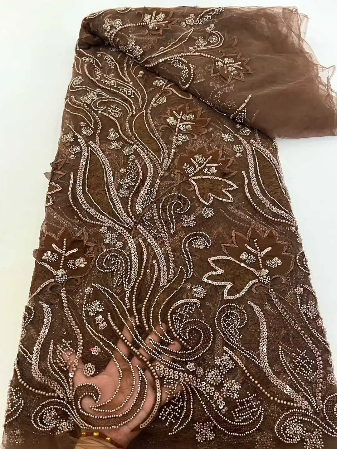 Luxury French Sequins Lace Fabric 2025 High Quality Nigerian African Beaded Lace Fabric Women's Wedding Party Dresses XC70HB-27