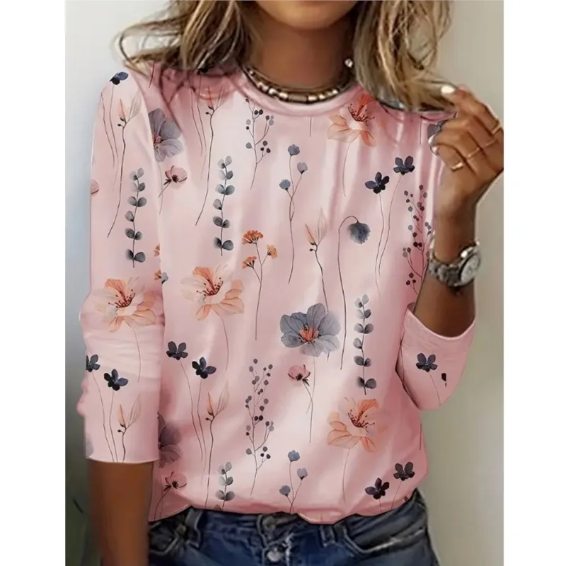 Spring and Autumn women\'s round neck pullover long sleeved T-shirt elegant and fashionable floral print T-shirt womens new style