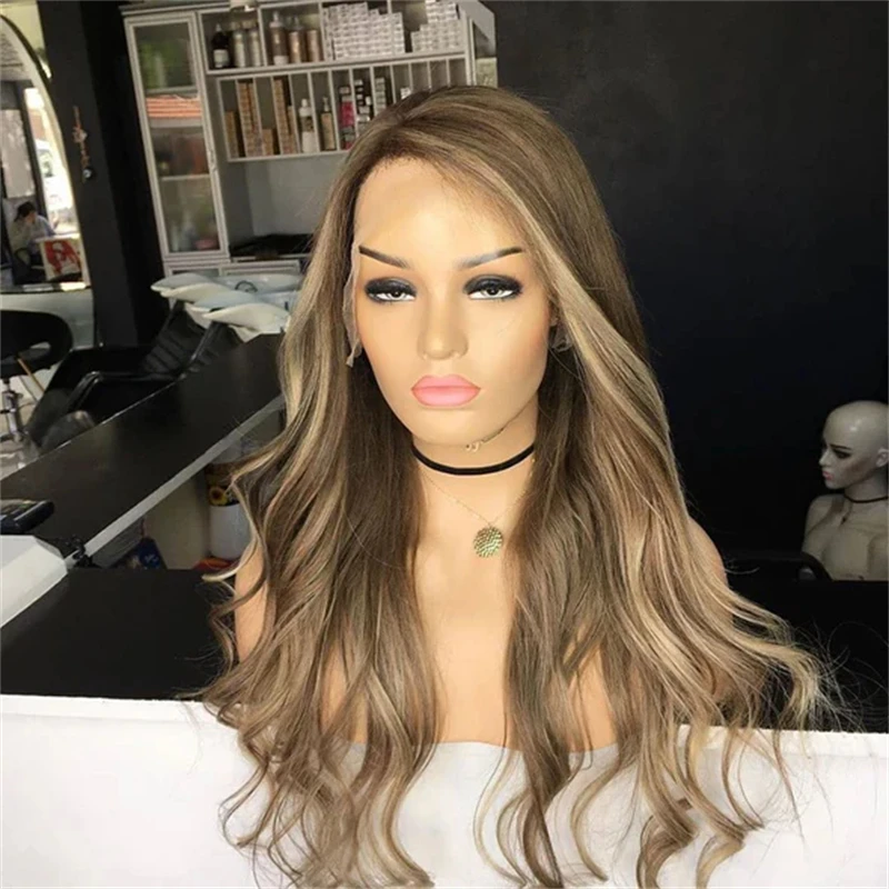 

Ombre Highlight Brown Ash Blonde 13x4 Lace Front Wigs for Women Glueless Long Wavy Brown and Blonde Synthetic Lace Front Wig