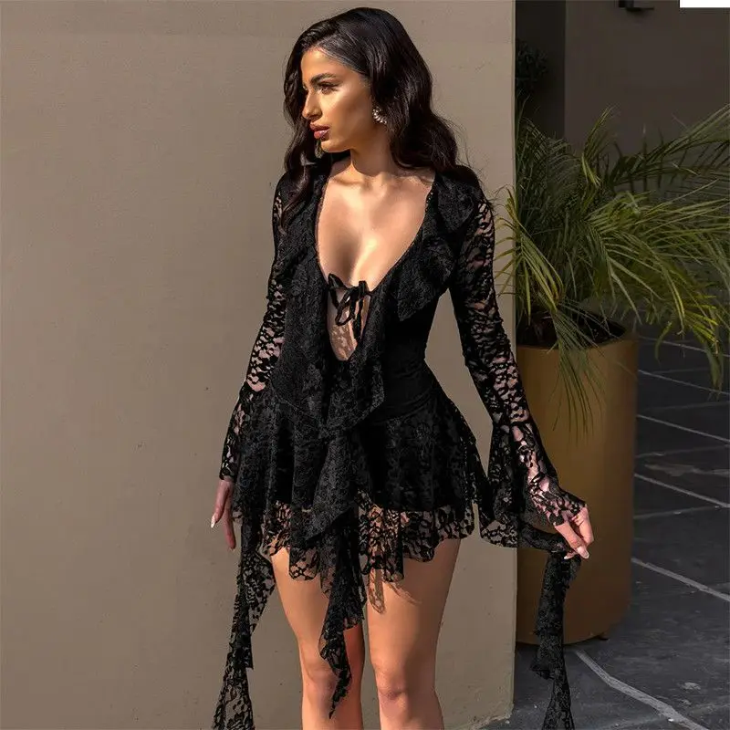 Vintage col en v profond dentelle décontracté robe irrégulière femmes vêtements Y2k Sexy dentelle transparente robe douce esthétique doux Mini robe