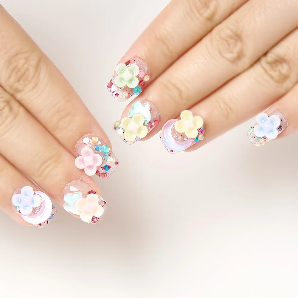 Faux ongles courts à motifs de fleurs de lune, nail art, doux, fait à la main, n64.court, 10 pièces