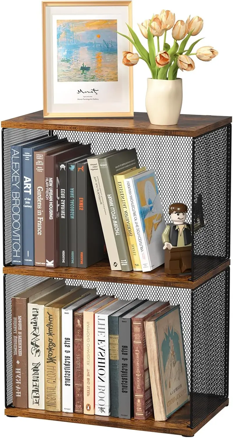 

Двухуровневый модульный органайзер для хранения вещей в небольших помещениях, деревянная книжная полка DIY в черно-коричневом цвете