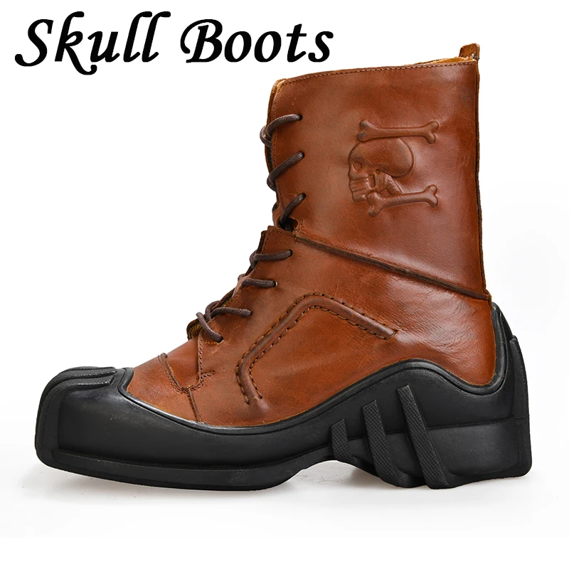 Men Genuine Leather Skull Gothic Combat Boots Motorcycle Boots Mid-calf Punk Boots Personality Riding Boots Fashion Cowboy Boots