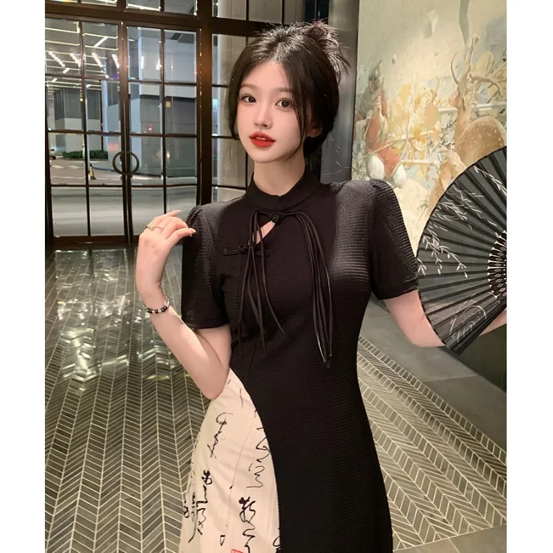 Été nouvelle Robe retro alta qualidade caligrafia irregular demi-jupe femmes Robe mode Qipao femmes robes chinois Cheongsams