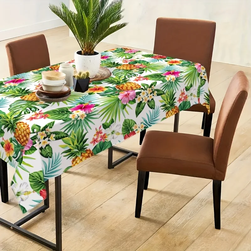 2D Printed 59x59in/150x150cm Vibrant Tropical Tablecloth - Hawaiian Pineapple & Palm Leaves Design with Hibiscus Flowers, Durable Polyester Rectangular Table Cover for Kitchen Dining Party Decor, Easy-Clean Machine-Made Tablecloth, Easyclean Fabric