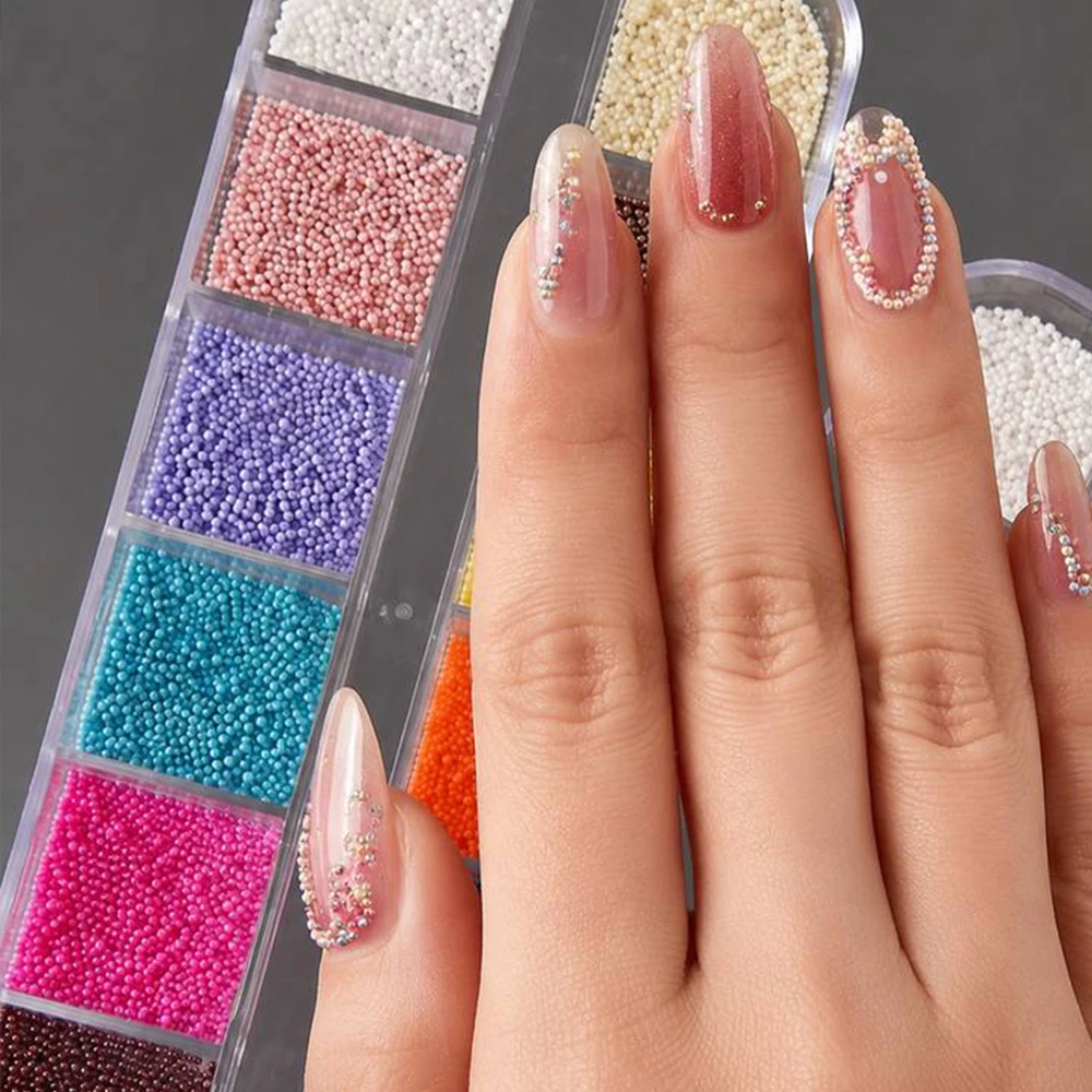 12 Grids Rainbow Mini Round Caviar Beads Tiny Metal Micro Ball Nail Charms DIY Acrylic Nail Decoration Accessories