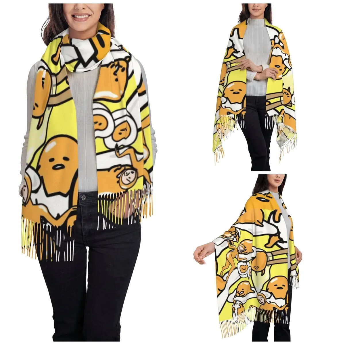 Gudetama Bufanda linda de dibujos animados de huevo para mujer Otoño Invierno Chales de cachemira y abrigo Mantón largo Bufanda ligera
