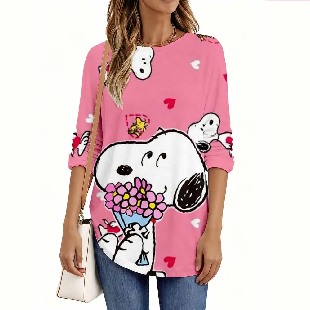 

Осень-зима, новая женская футболка с длинным рукавом и принтом с рисунком снупи, модные футболки с круглым вырезом, повседневная толстовка, женская одежда больших размеров