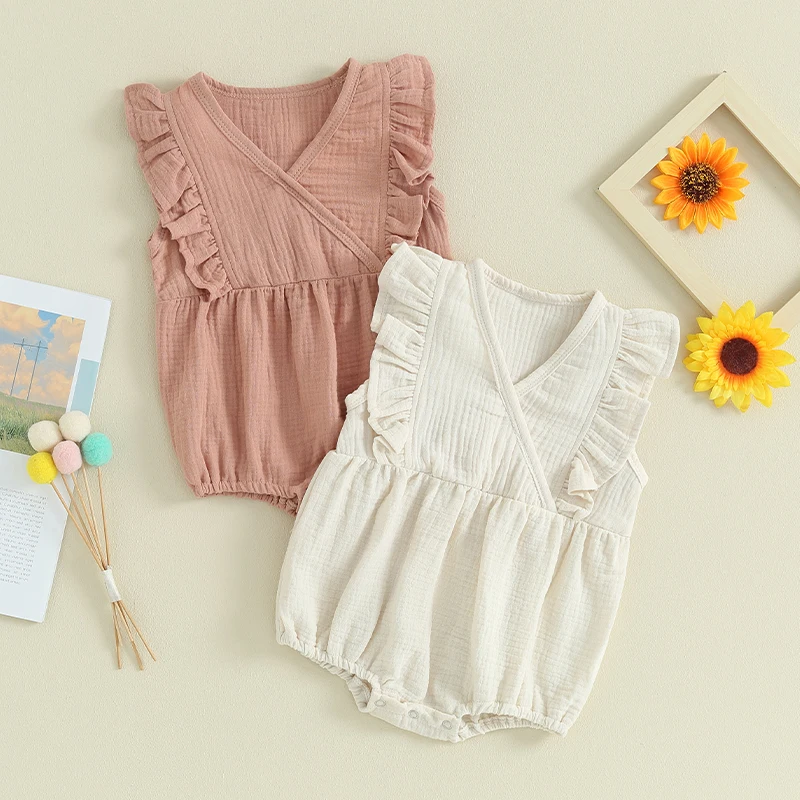 

Infant Baby Girl Summer Solid Color Jumpsuit Cotton Sleeveless Ruffles Romper Toddler Fashion Clothes 0-24 Months