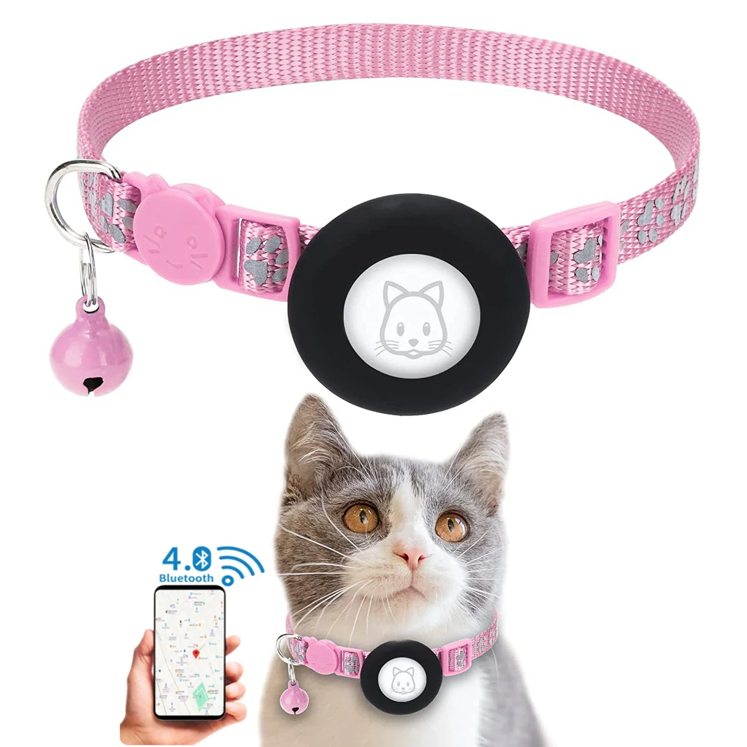 Dog Gps Trackers Collar Mini Pet Tracker Reflective Breakaway Airtag Cat Collar with Bell Airtag Dog Collar Holder Waterproof